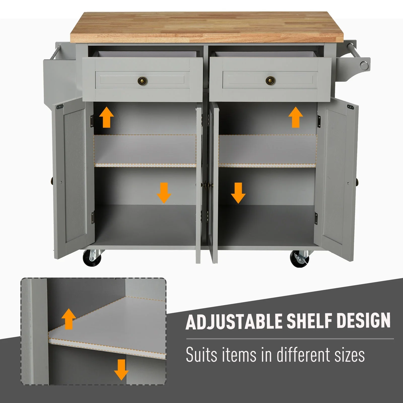 Rolling Kitchen Island Storage Trolley with Rubber Wood Top & Drawers for Dining Room - Image 7
