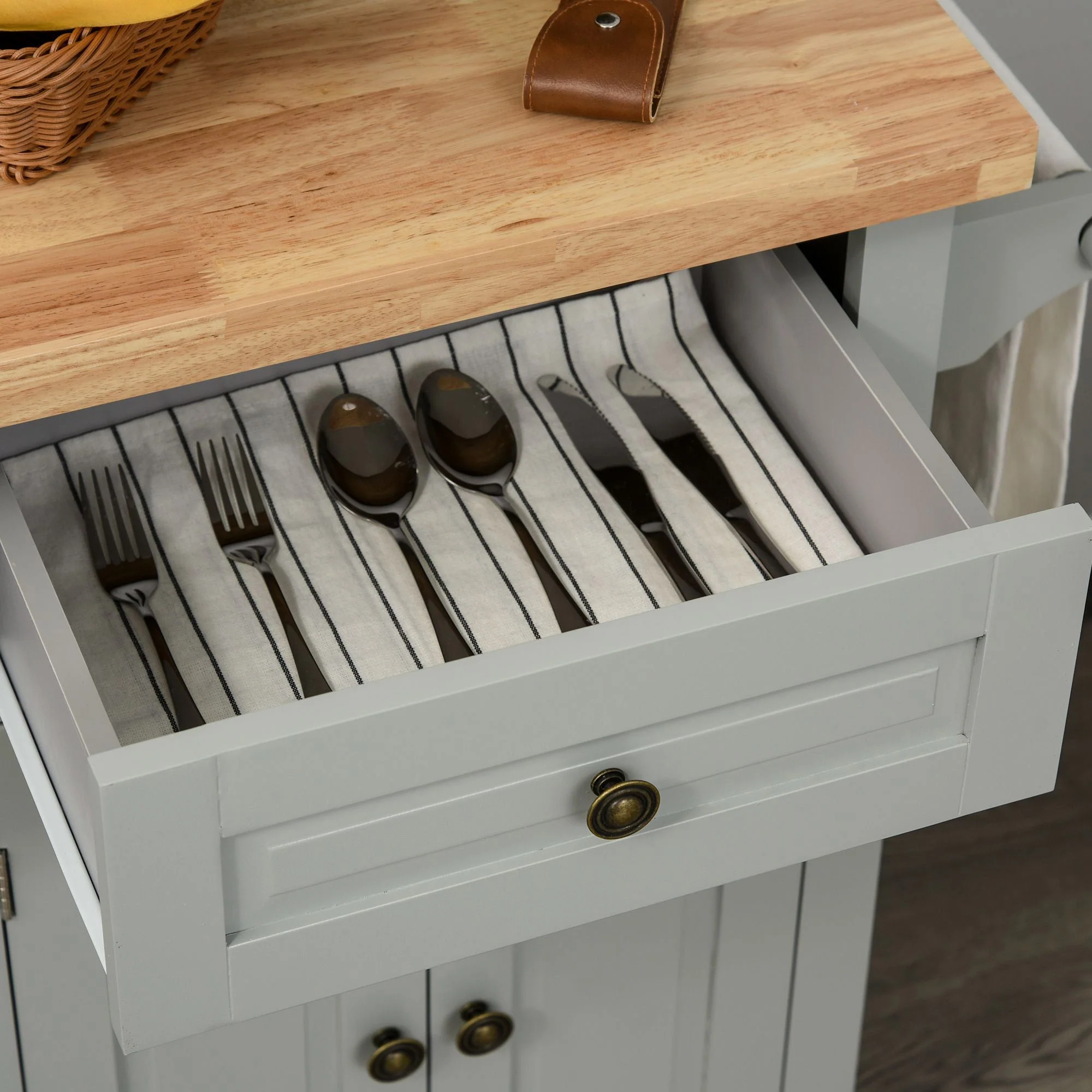 Rolling Kitchen Island Storage Trolley with Rubber Wood Top & Drawers for Dining Room - Image 8