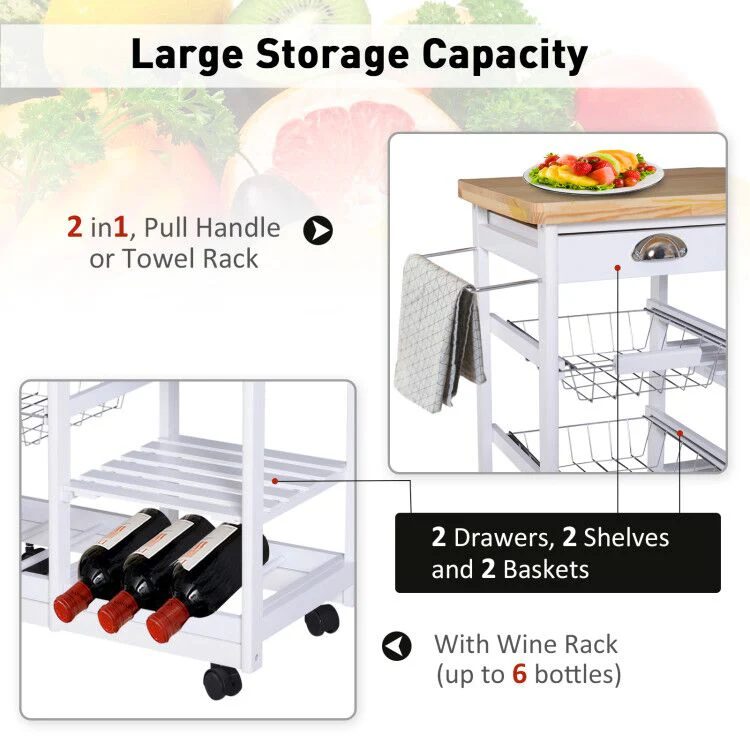 Rolling Kitchen Island Trolley Cart Drawer Shelves Basket Wheels W/ 6 Bottle Wine Rack White - Image 5