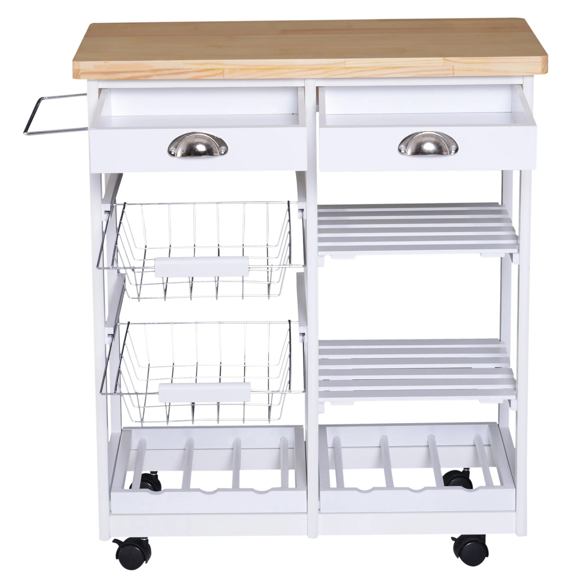 Rolling Kitchen Island Trolley Cart Drawer Shelves Basket Wheels W/ 6 Bottle Wine Rack White - Image 8