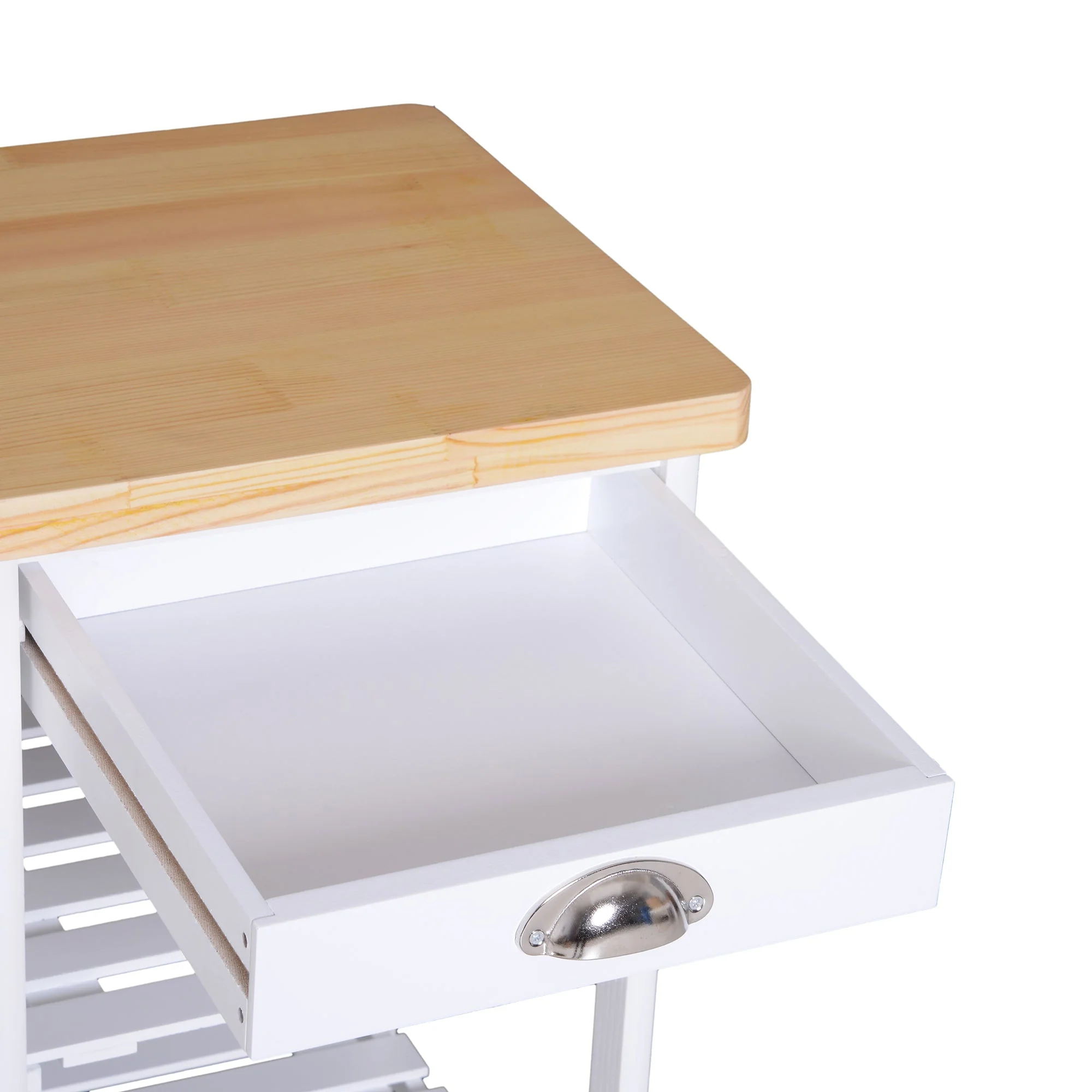 Rolling Kitchen Island Trolley Cart Drawer Shelves Basket Wheels W/ 6 Bottle Wine Rack White - Image 9