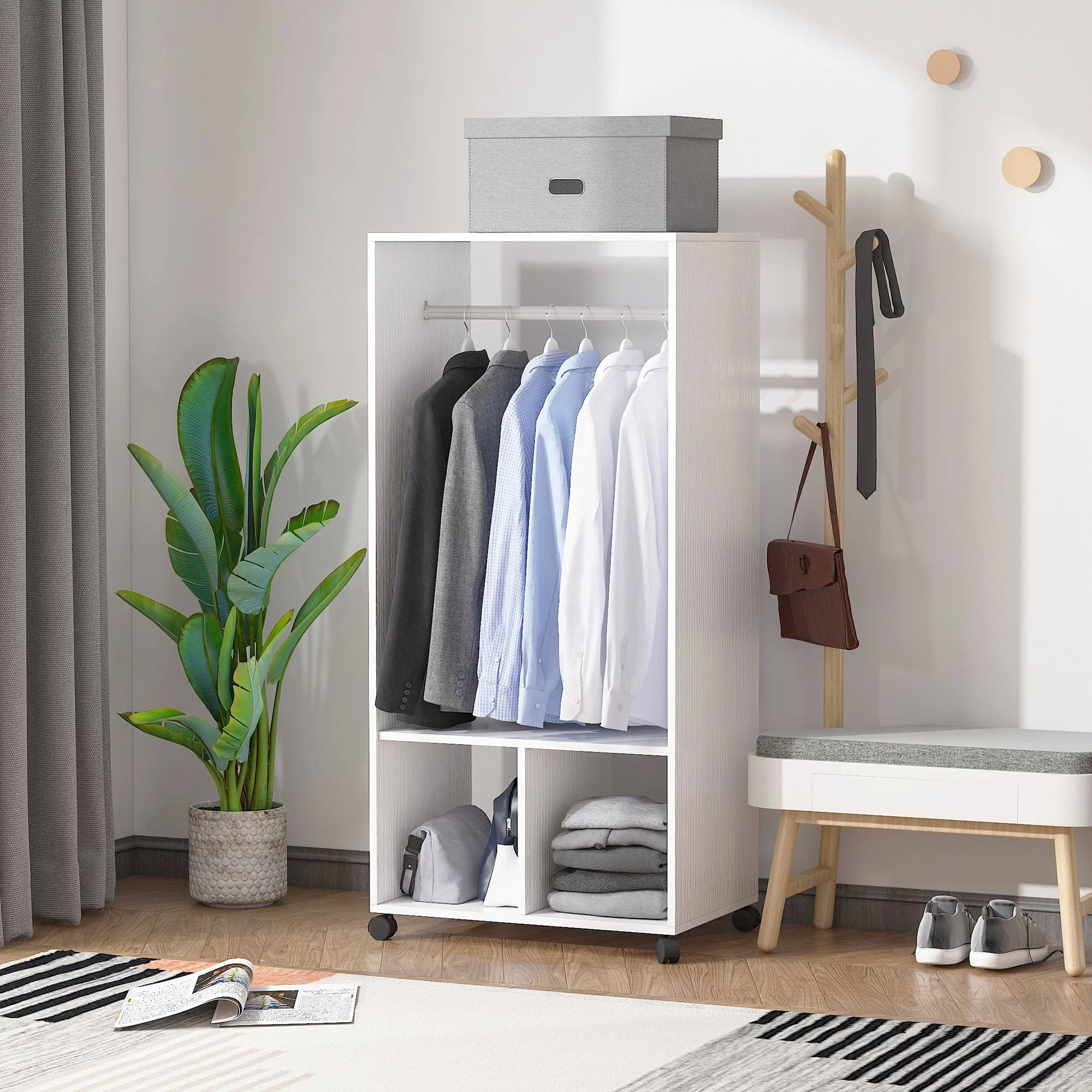Rolling Open Wardrobe w/ Hanging Rod Storage Shelves Closet Organizer - Image 2