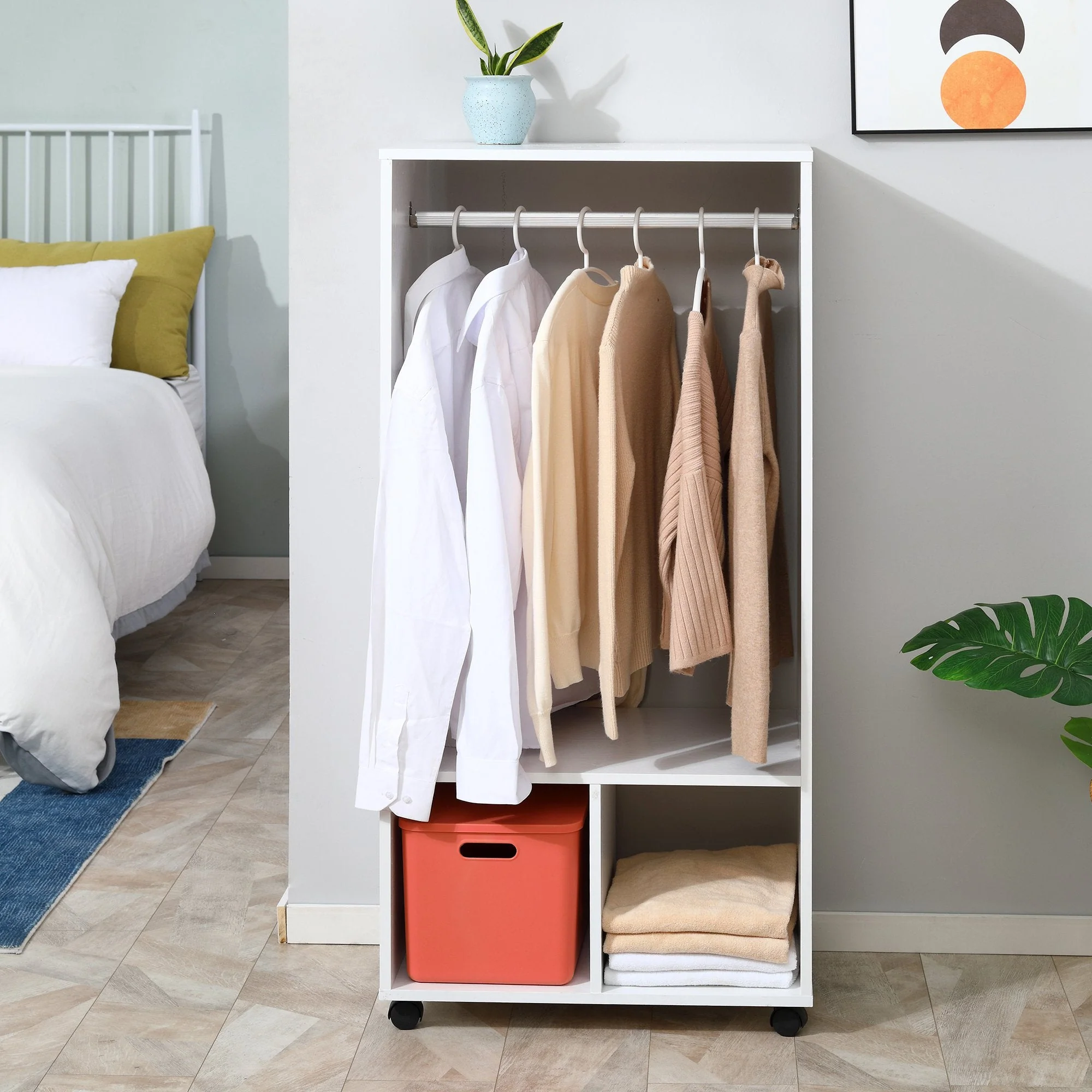Rolling Open Wardrobe w/ Hanging Rod Storage Shelves Closet Organizer - Image 4