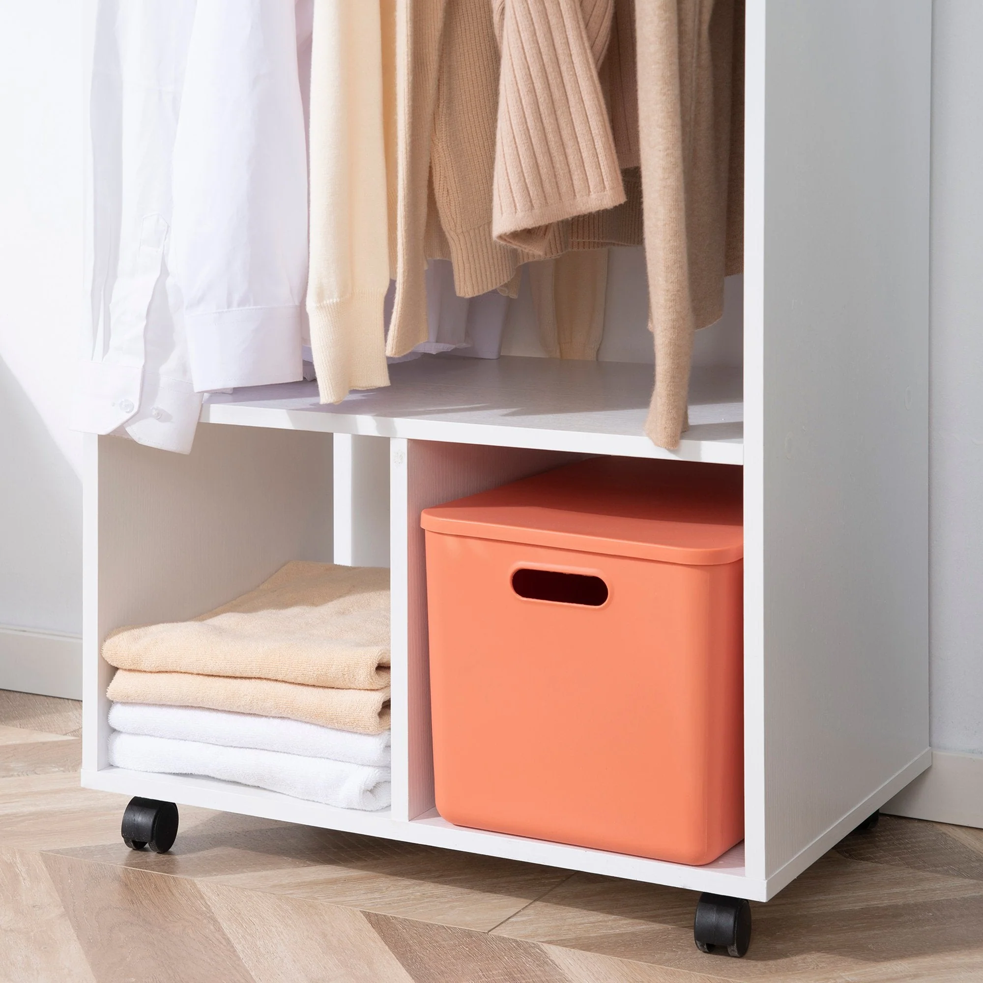 Rolling Open Wardrobe w/ Hanging Rod Storage Shelves Closet Organizer - Image 9