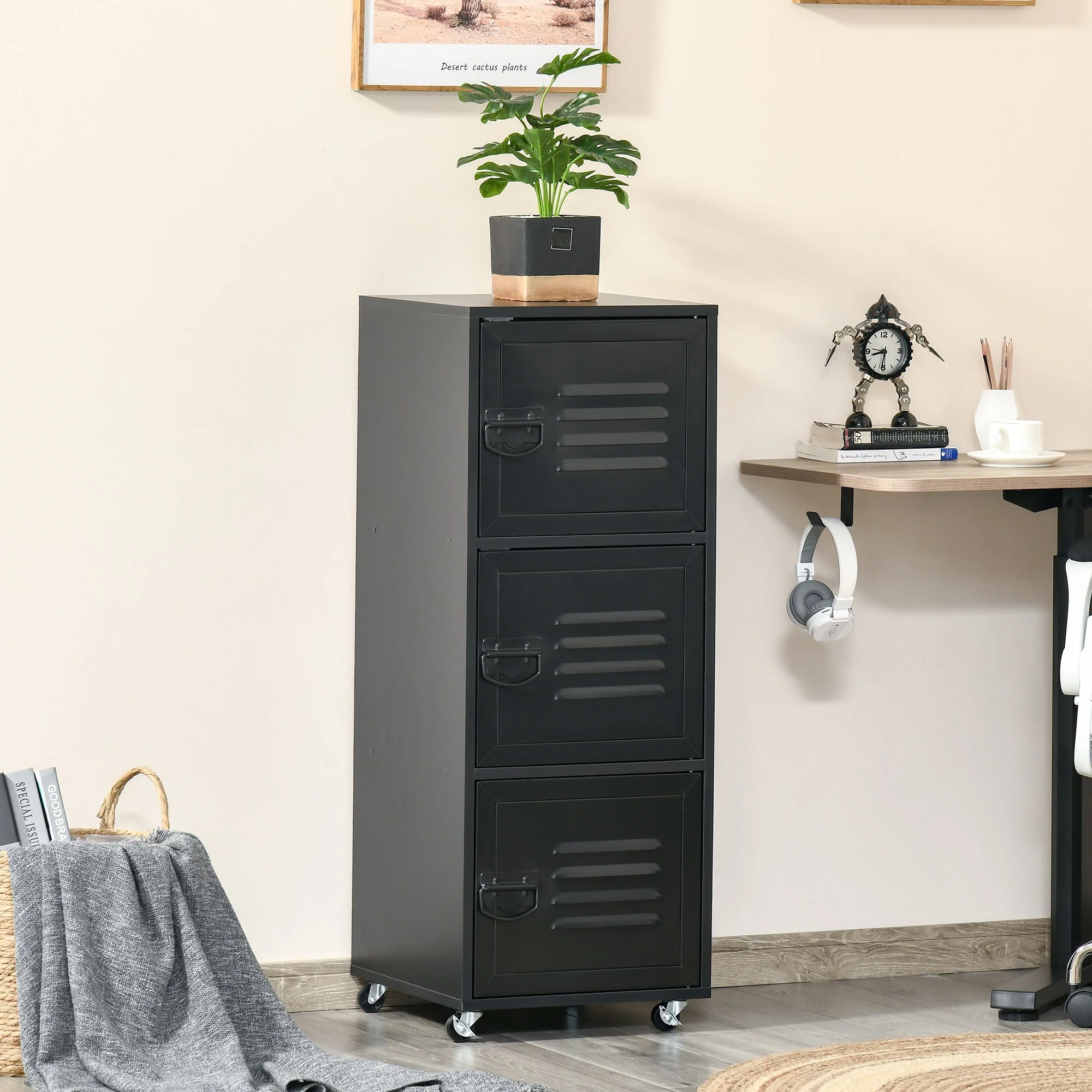 Rolling Storage Cabinet 3-Tier Mobile File Cabinet with Wheels & Metal Doors for Home Office - Image 2