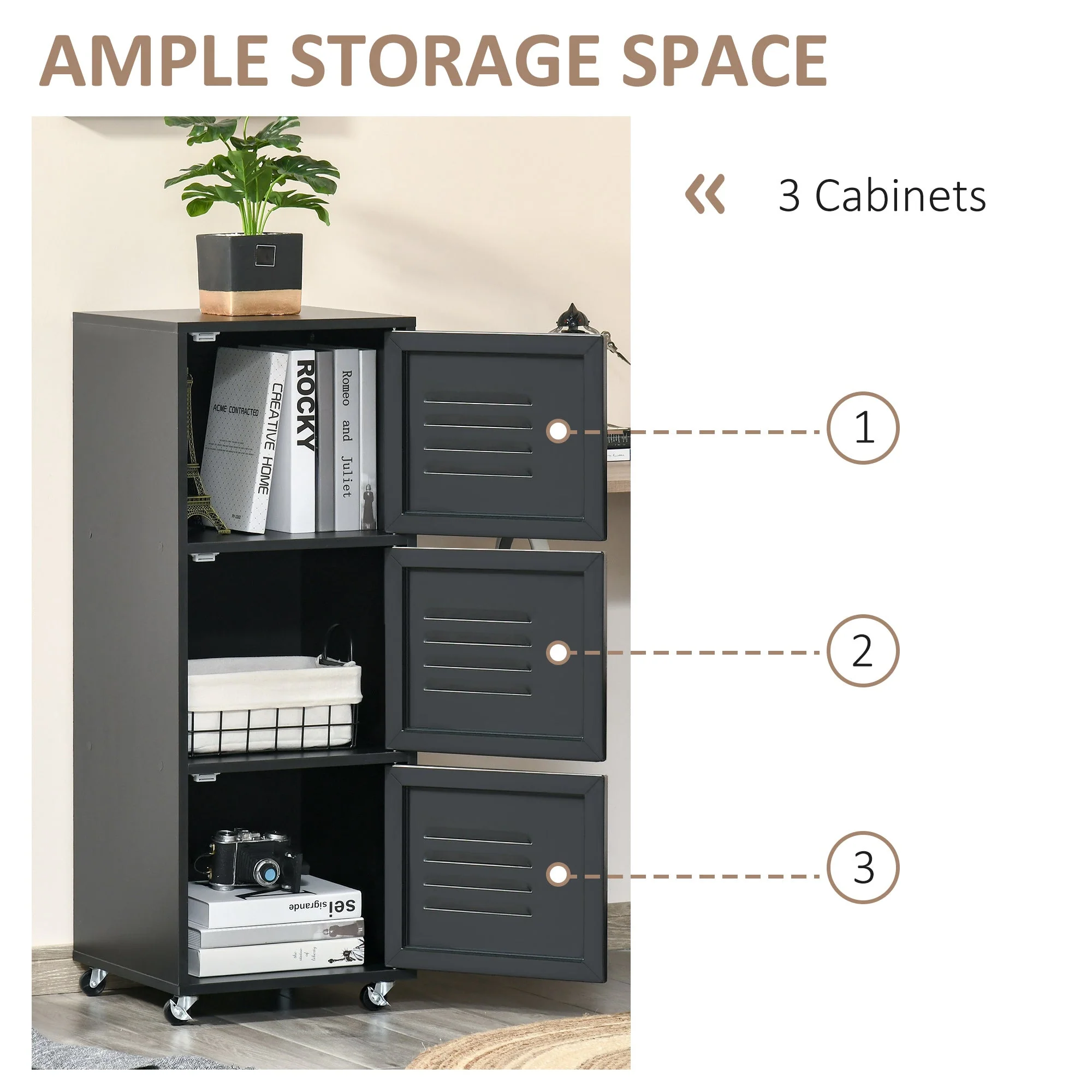 Rolling Storage Cabinet 3-Tier Mobile File Cabinet with Wheels & Metal Doors for Home Office - Image 4