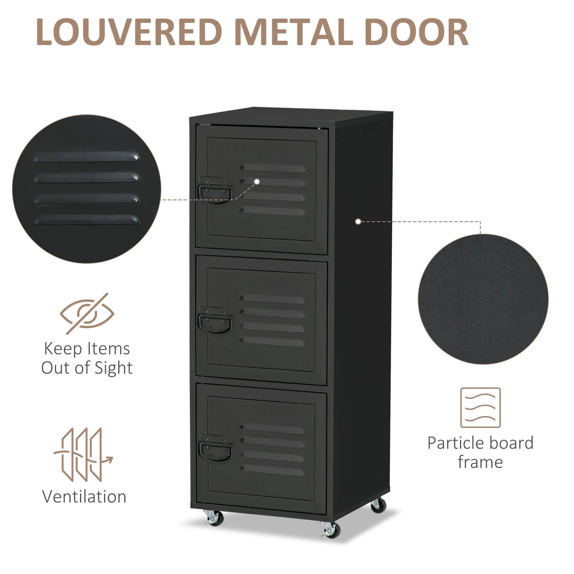 Rolling Storage Cabinet 3-Tier Mobile File Cabinet with Wheels & Metal Doors for Home Office - Image 5