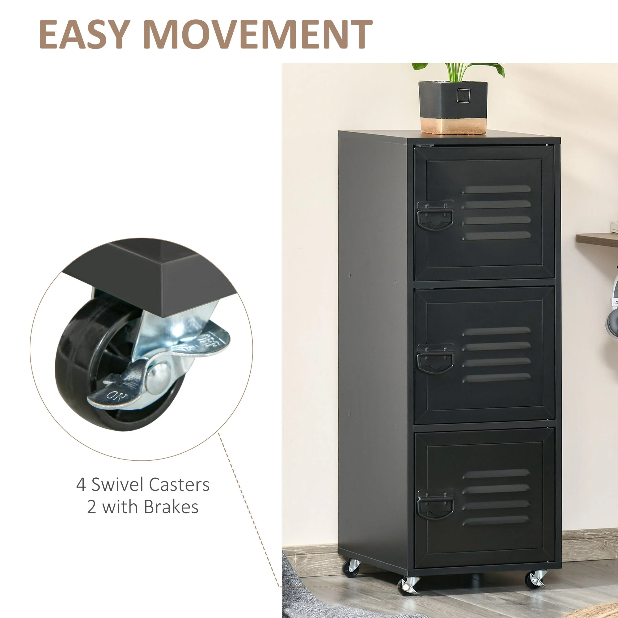 Rolling Storage Cabinet 3-Tier Mobile File Cabinet with Wheels & Metal Doors for Home Office - Image 6