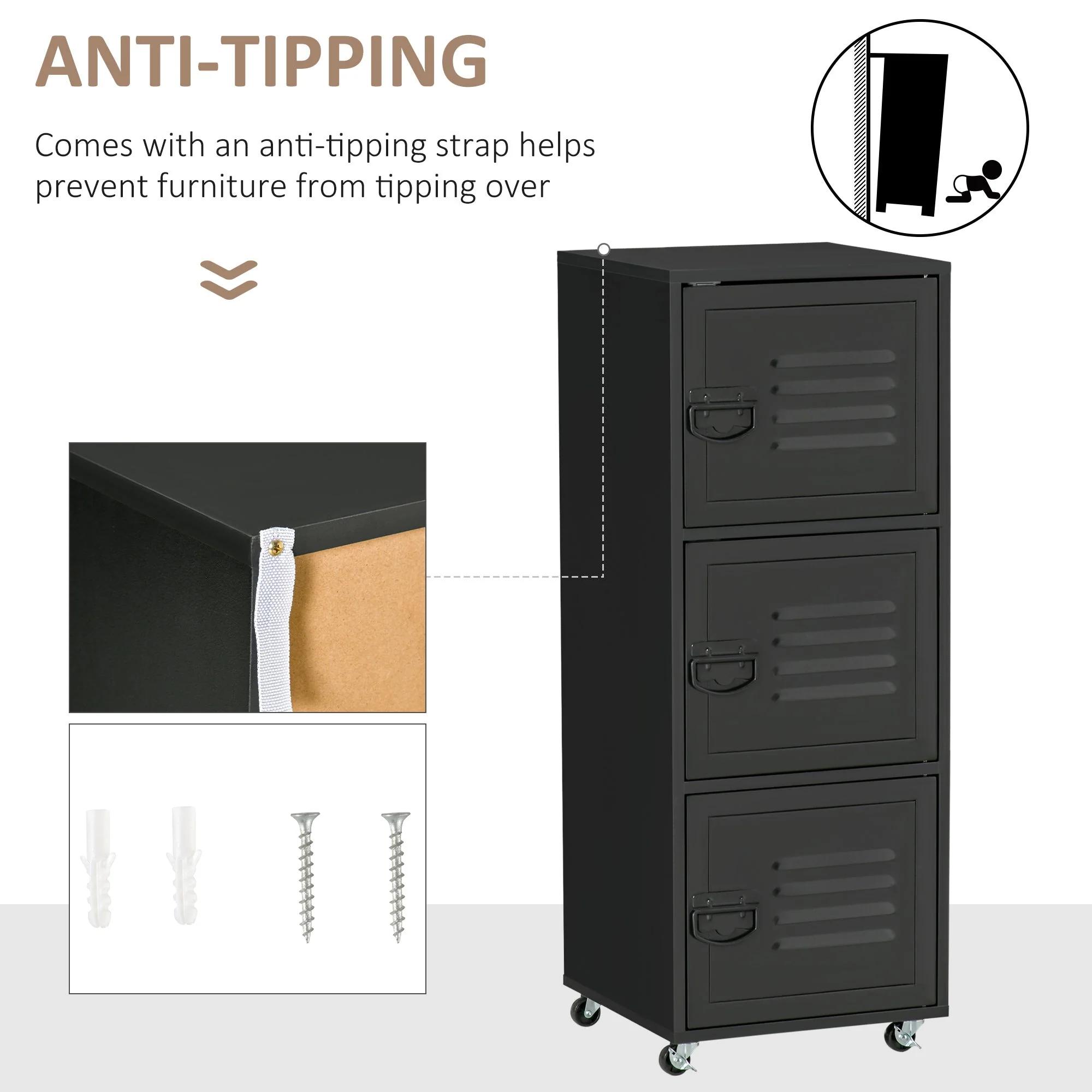 Rolling Storage Cabinet 3-Tier Mobile File Cabinet with Wheels & Metal Doors for Home Office - Image 7