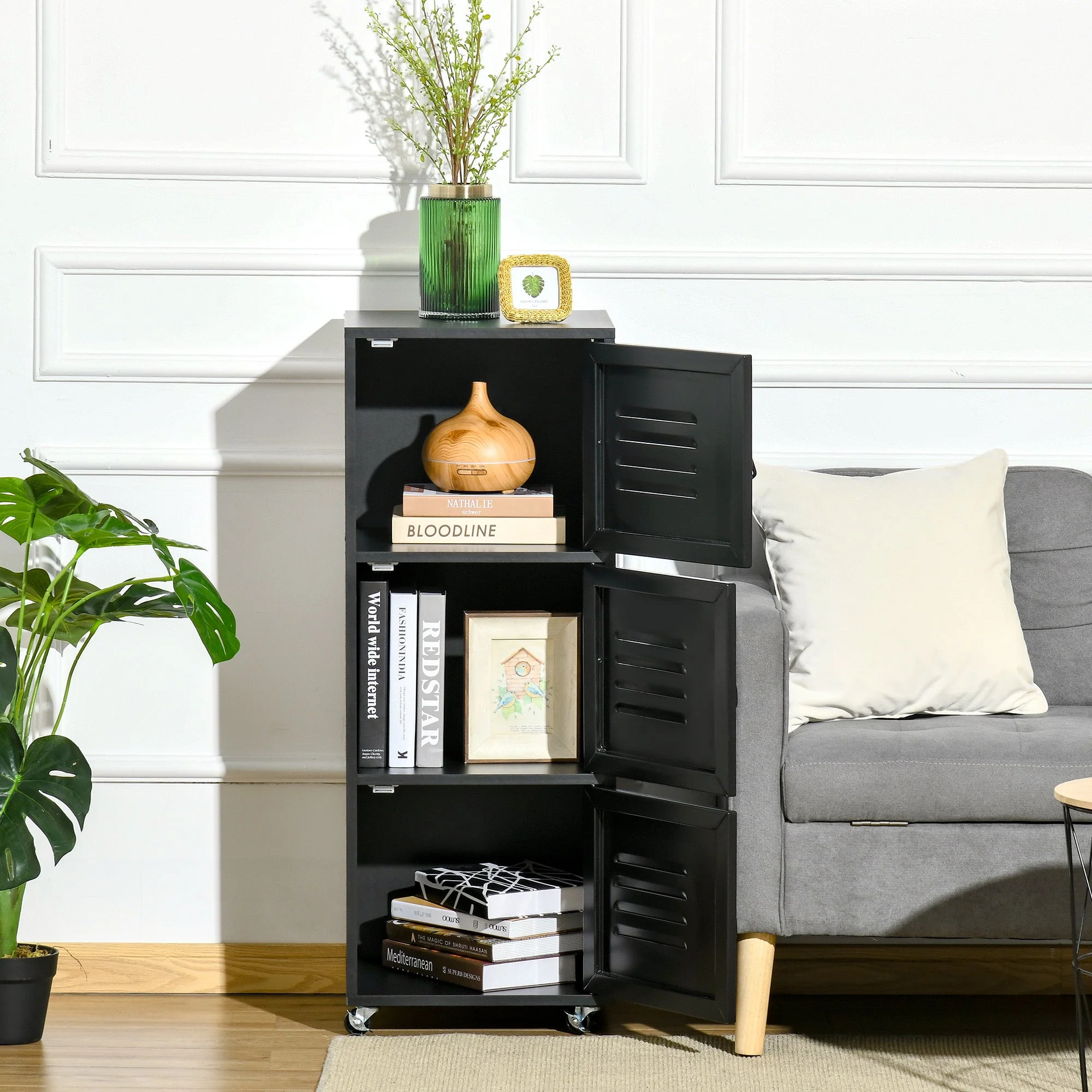 Rolling Storage Cabinet 3-Tier Mobile File Cabinet with Wheels & Metal Doors for Home Office - Image 8
