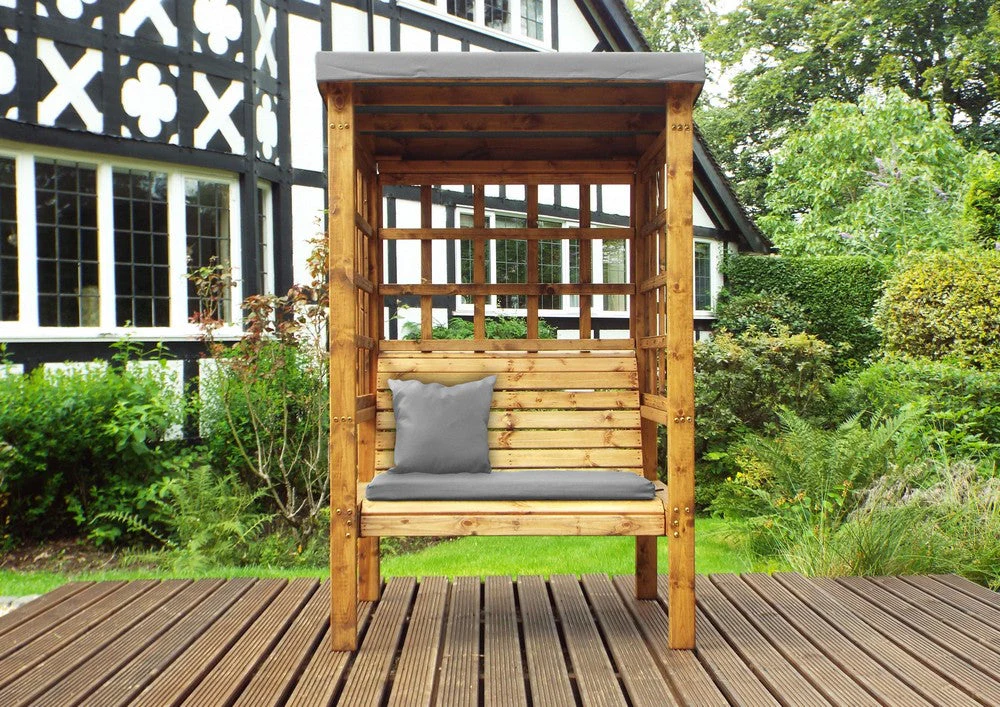 Scandinavian Redwood Garden Arbour by Charles Taylor - 2 Seats Grey Cushions - Image 2