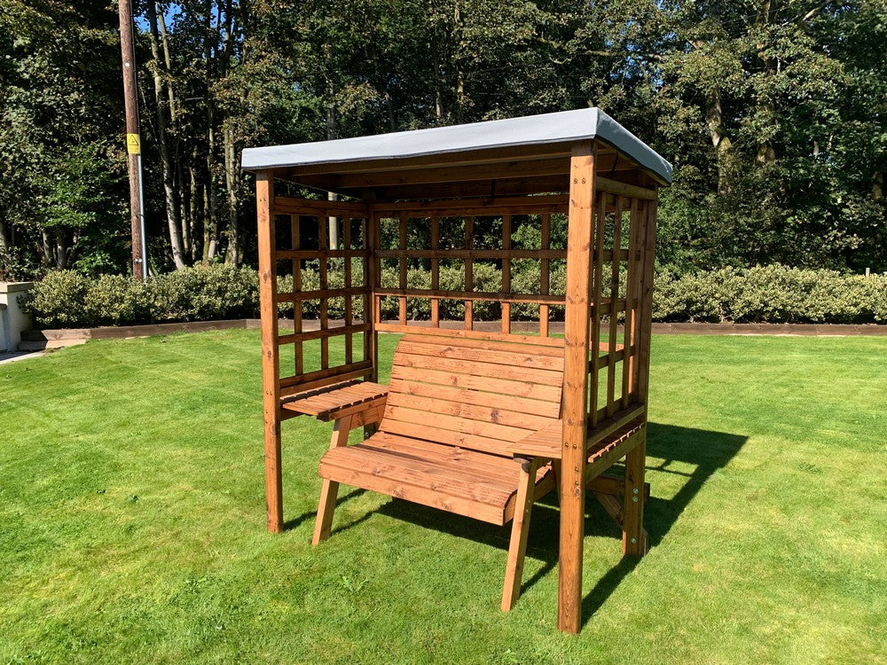 Scandinavian Redwood Garden Arbour by Charles Taylor - 2 Seats Grey Cushions - Image 6