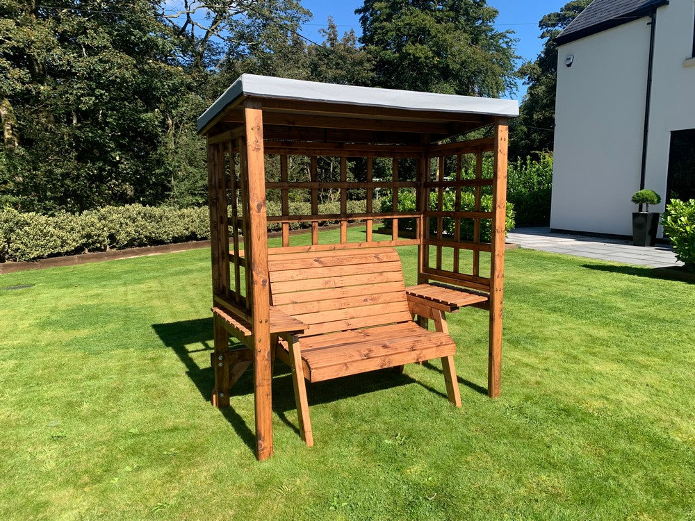 Scandinavian Redwood Garden Arbour by Charles Taylor - 2 Seats Grey Cushions - Image 7