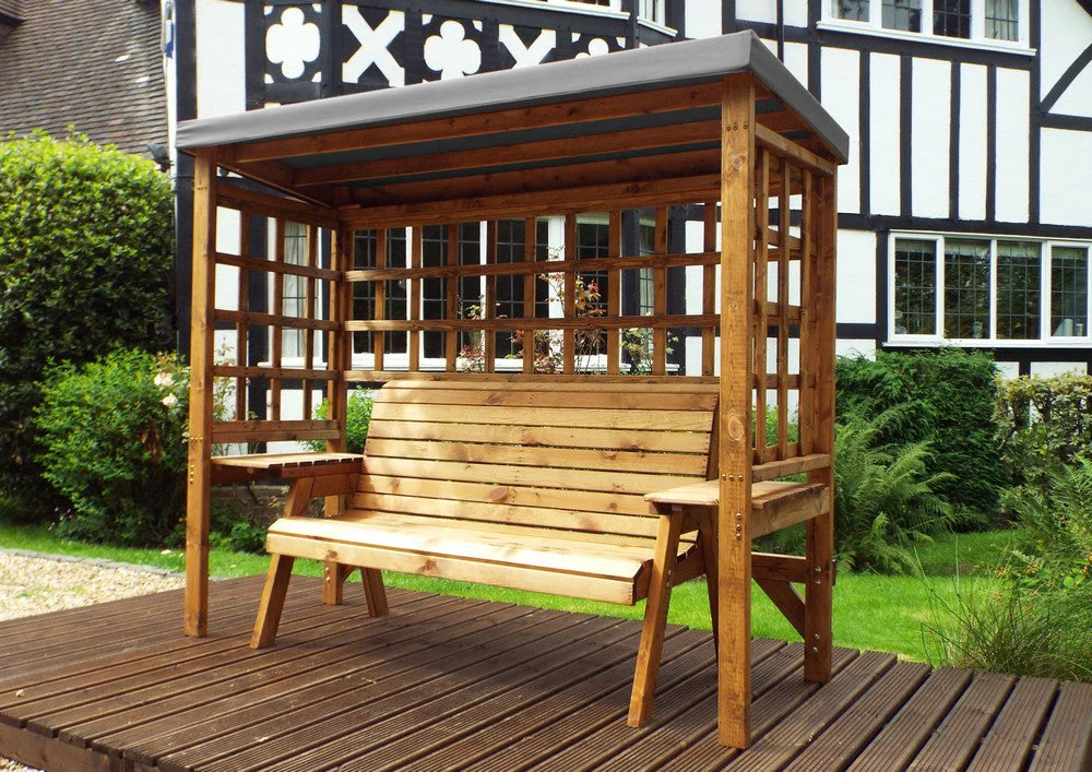 Scandinavian Redwood Garden Arbour by Charles Taylor - 3 Seats Grey Cushions - Image 2
