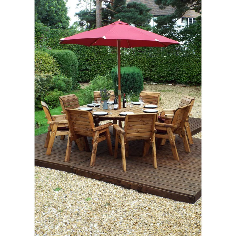 Scandinavian Redwood Garden Furniture Set by Charles Taylor - 8 Seats Burgundy Cushions - Image 2