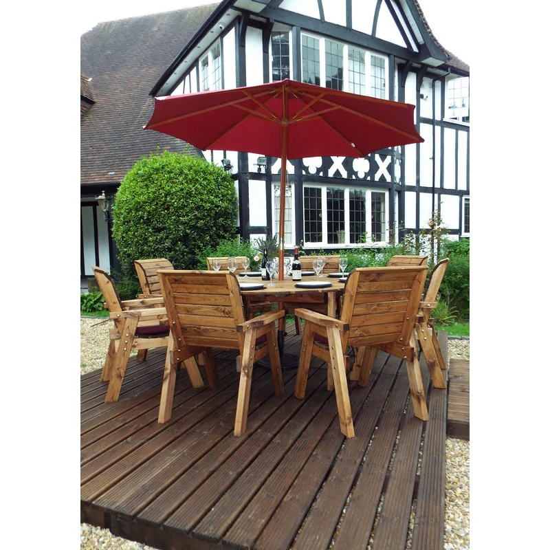 Scandinavian Redwood Garden Furniture Set by Charles Taylor - 8 Seats Burgundy Cushions - Image 4