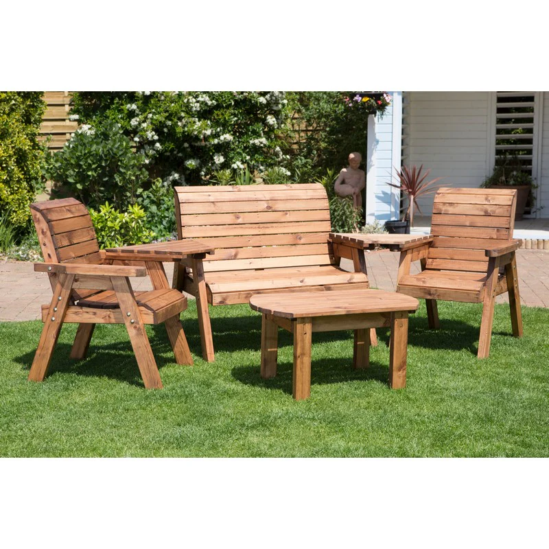 Scandinavian Redwood Garden Patio Dining Set by Charles Taylor - 4 Seats Burgundy Cushions - Image 2