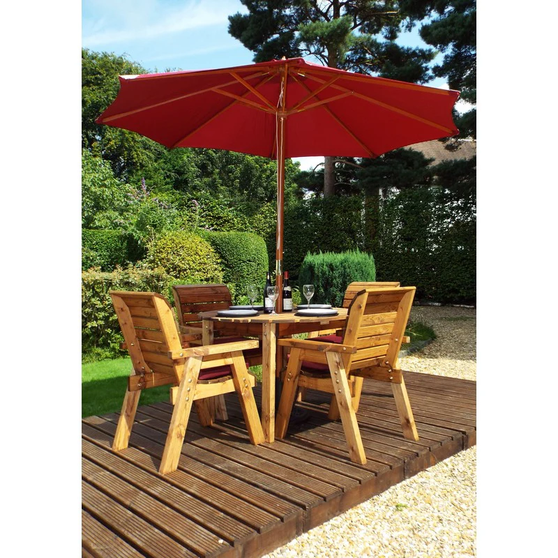 Scandinavian Redwood Garden Patio Dining Set by Charles Taylor - 4 Seats Burgundy Cushions - Image 3