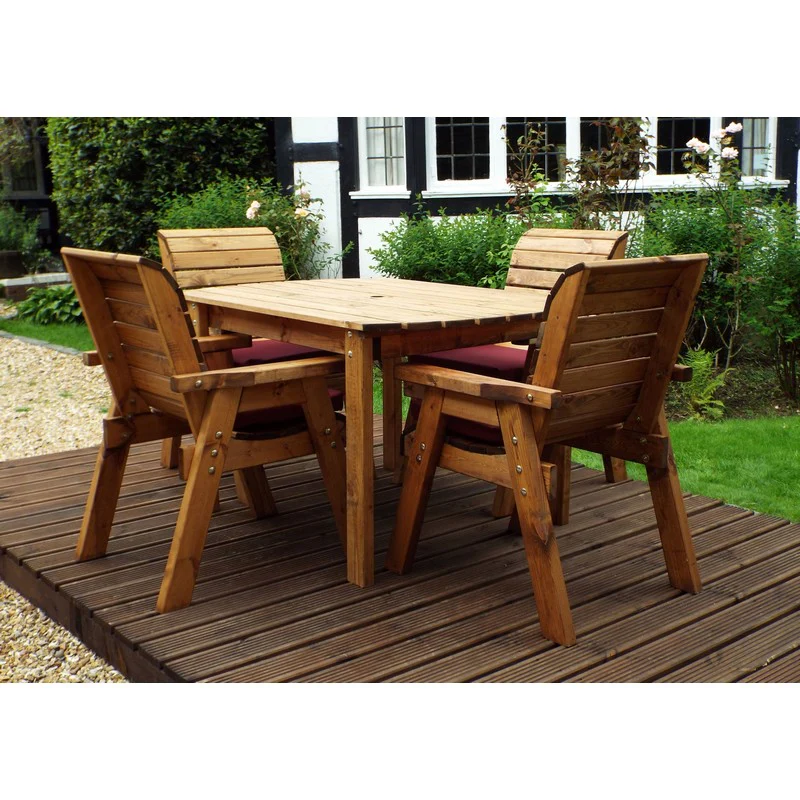 Scandinavian Redwood Garden Patio Dining Set by Charles Taylor - 4 Seats Burgundy Cushions - Image 2