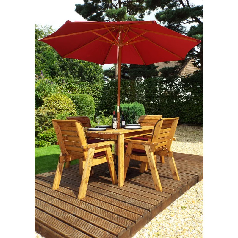 Scandinavian Redwood Garden Patio Dining Set by Charles Taylor - 4 Seats Burgundy Cushions - Image 5