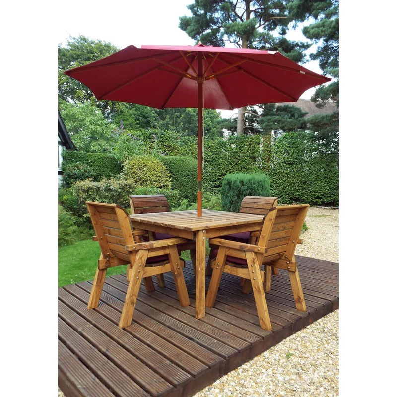 Scandinavian Redwood Garden Patio Dining Set by Charles Taylor - 4 Seats Burgundy Cushions - Image 2