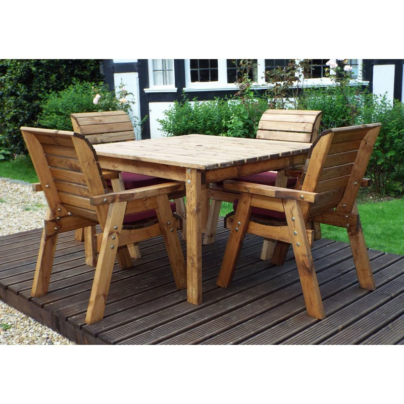 Scandinavian Redwood Garden Patio Dining Set by Charles Taylor - 4 Seats Burgundy Cushions - Image 3