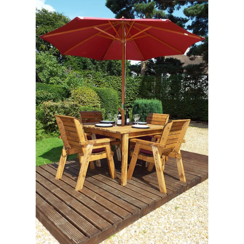 Scandinavian Redwood Garden Patio Dining Set by Charles Taylor - 4 Seats Burgundy Cushions - Image 5