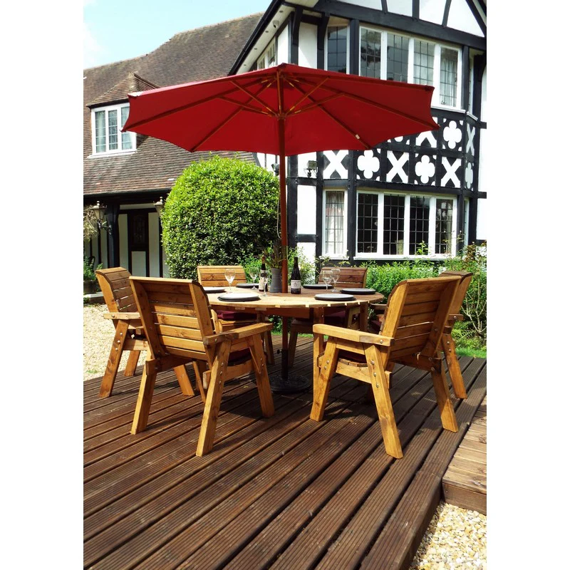 Scandinavian Redwood Garden Patio Dining Set by Charles Taylor - 6 Seats Burgundy Cushions - Image 2