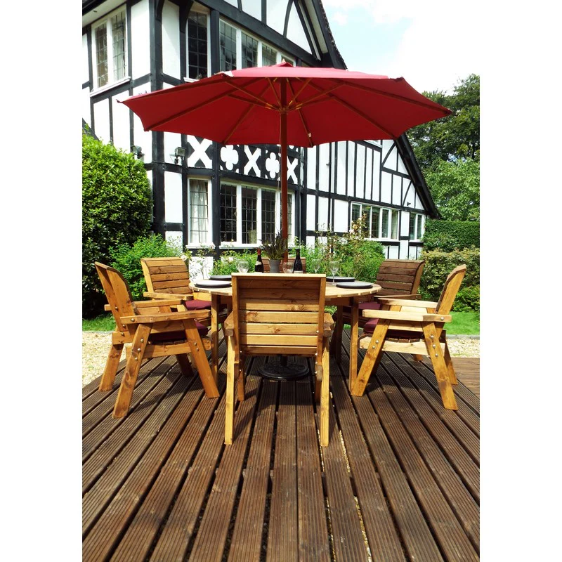 Scandinavian Redwood Garden Patio Dining Set by Charles Taylor - 6 Seats Burgundy Cushions - Image 3