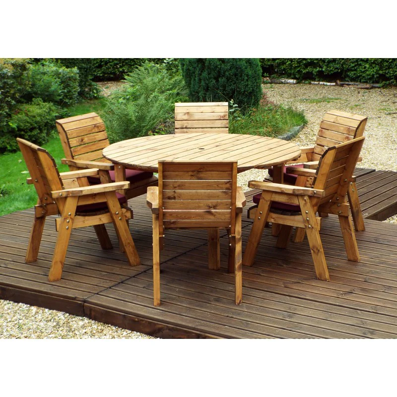 Scandinavian Redwood Garden Patio Dining Set by Charles Taylor - 6 Seats Burgundy Cushions - Image 4