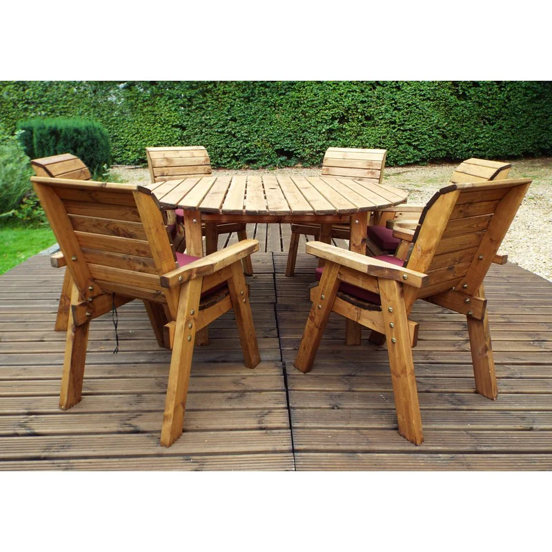 Scandinavian Redwood Garden Patio Dining Set by Charles Taylor - 6 Seats Burgundy Cushions - Image 5