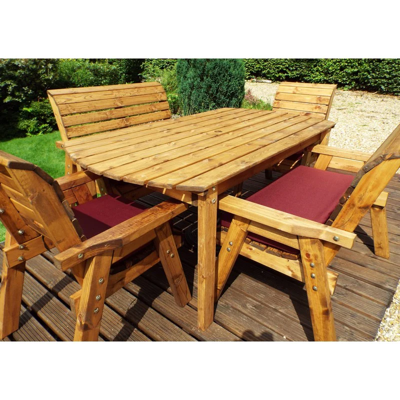 Scandinavian Redwood Garden Patio Dining Set by Charles Taylor - 6 Seats Burgundy Cushions - Image 2