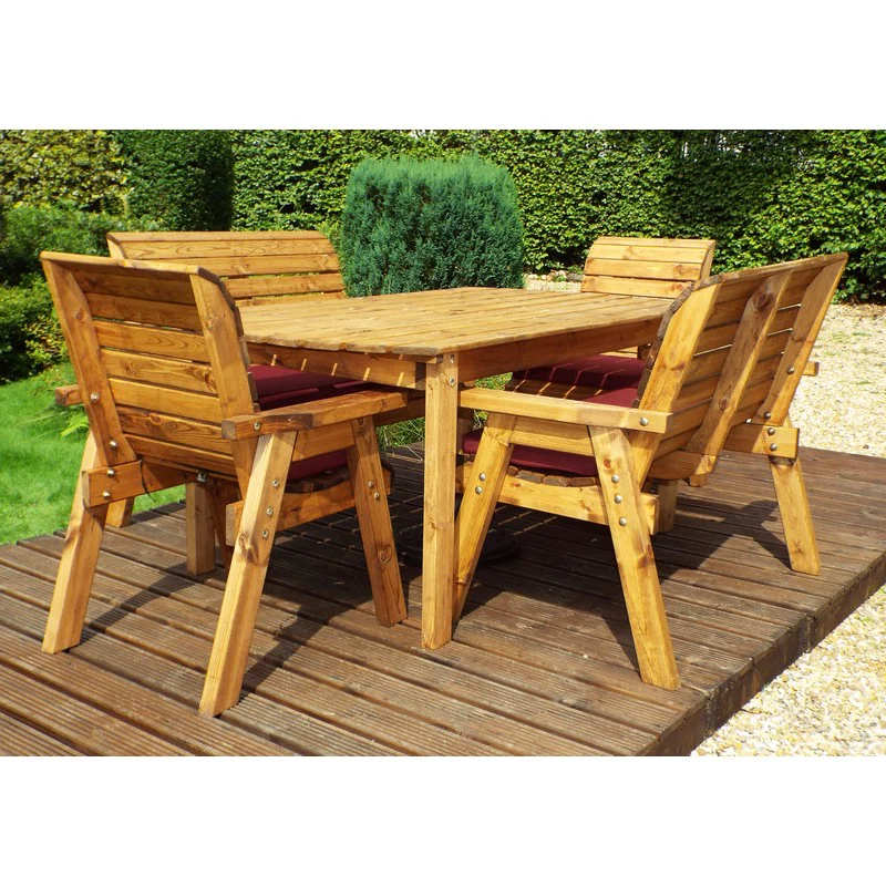 Scandinavian Redwood Garden Patio Dining Set by Charles Taylor - 6 Seats Burgundy Cushions - Image 5