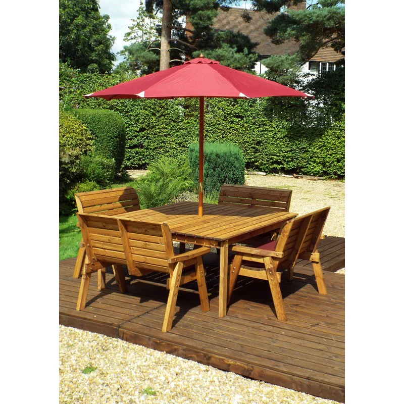 Scandinavian Redwood Garden Patio Dining Set by Charles Taylor - 8 Seats Burgundy Cushions - Image 2