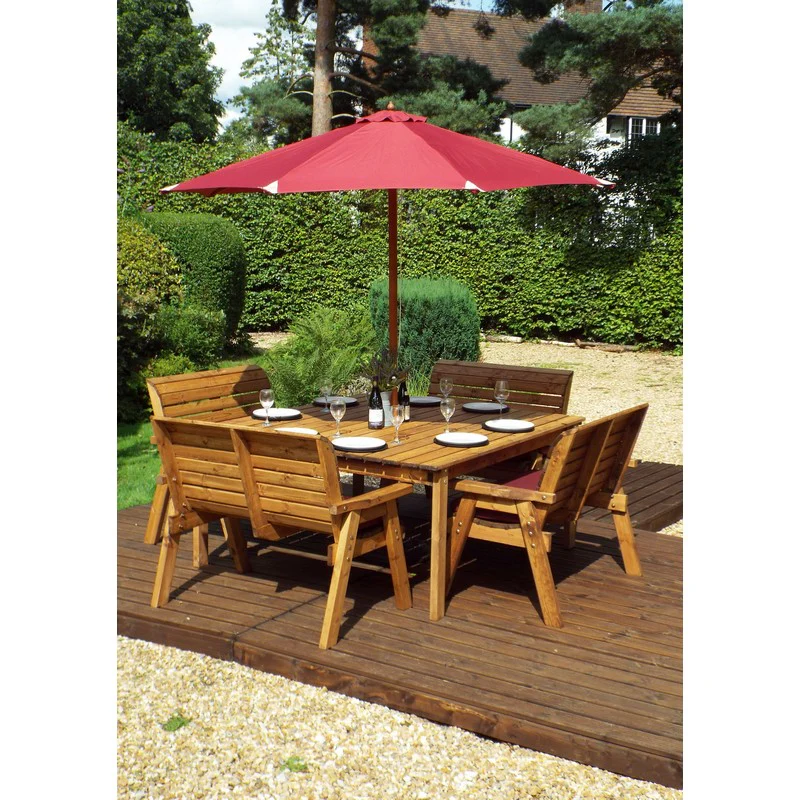 Scandinavian Redwood Garden Patio Dining Set by Charles Taylor - 8 Seats Burgundy Cushions - Image 4