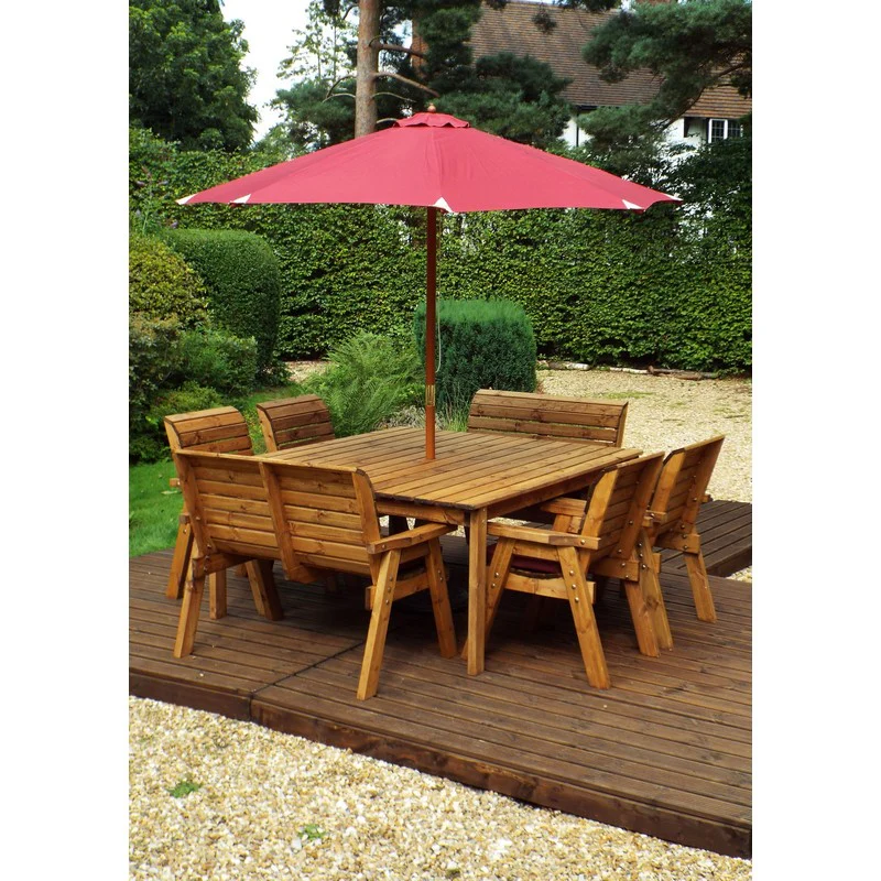 Scandinavian Redwood Garden Patio Dining Set by Charles Taylor - 8 Seats Burgundy Cushions - Image 2