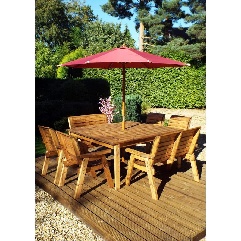 Scandinavian Redwood Garden Patio Dining Set by Charles Taylor - 8 Seats Burgundy Cushions - Image 3