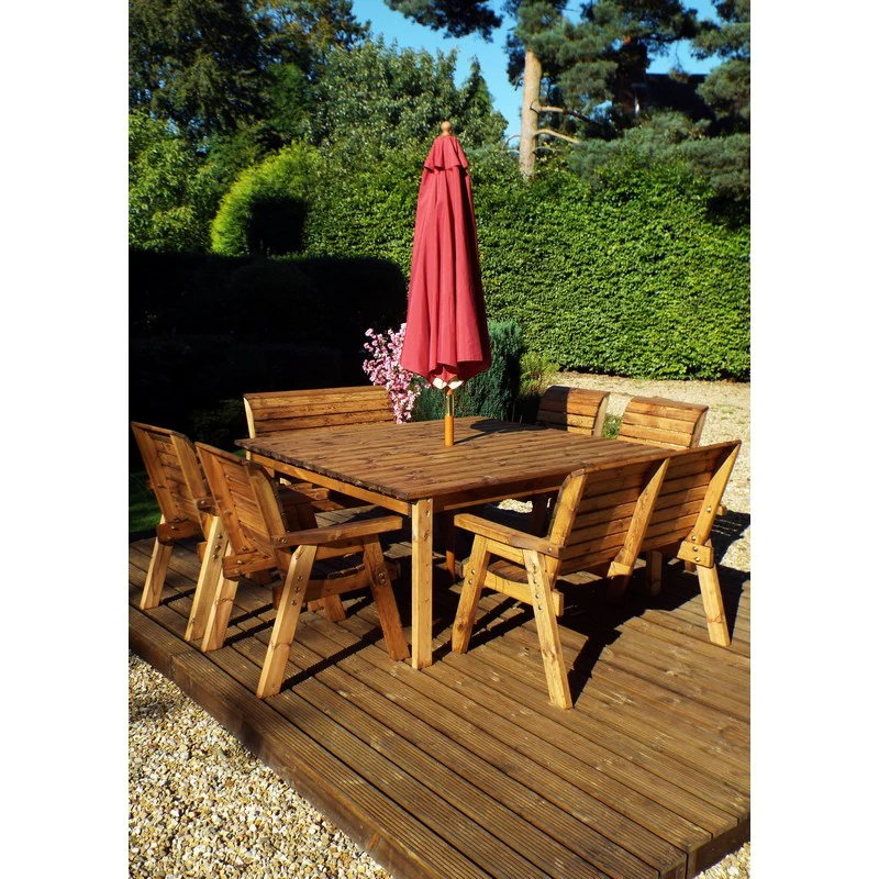 Scandinavian Redwood Garden Patio Dining Set by Charles Taylor - 8 Seats Burgundy Cushions - Image 4