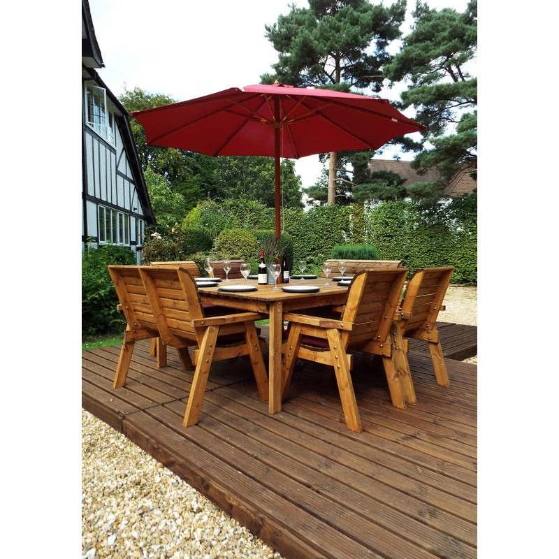 Scandinavian Redwood Garden Patio Dining Set by Charles Taylor - 8 Seats Burgundy Cushions - Image 5