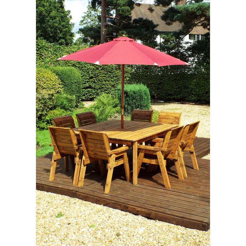 Scandinavian Redwood Garden Patio Dining Set by Charles Taylor - 8 Seats Burgundy Cushions - Image 2