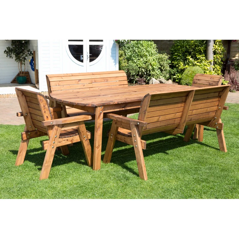 Scandinavian Redwood Garden Patio Dining Set by Charles Taylor - 8 Seats Burgundy Cushions - Image 2