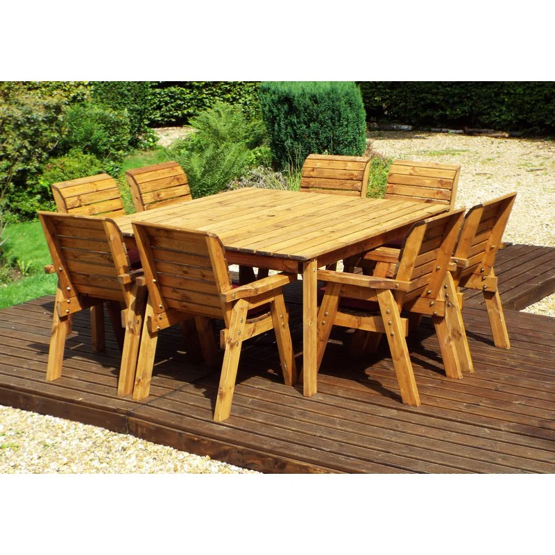Scandinavian Redwood Garden Patio Dining Set by Charles Taylor - 8 Seats Burgundy Cushions - Image 3