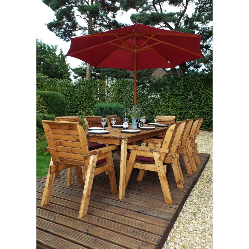 Scandinavian Redwood Garden Patio Dining Set by Charles Taylor - 8 Seats Burgundy Cushions - Image 2