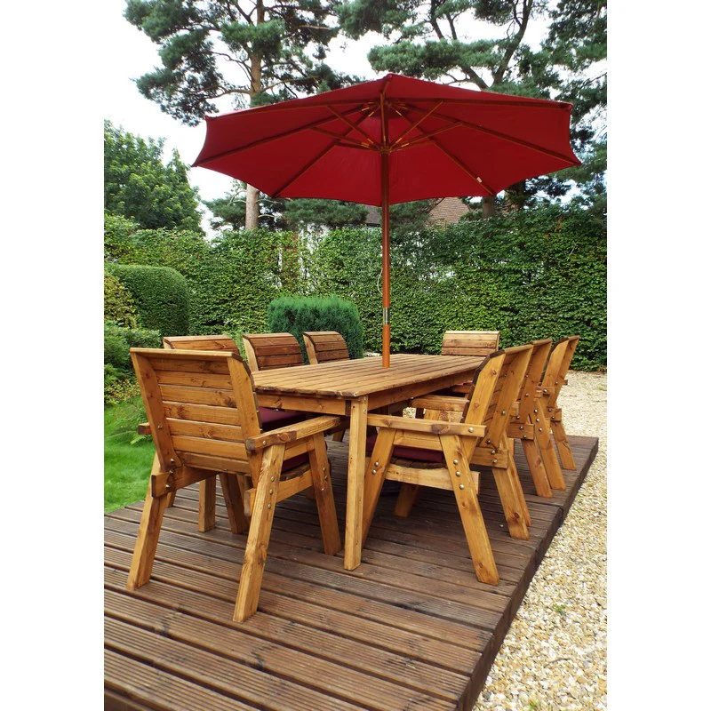 Scandinavian Redwood Garden Patio Dining Set by Charles Taylor - 8 Seats Burgundy Cushions - Image 5