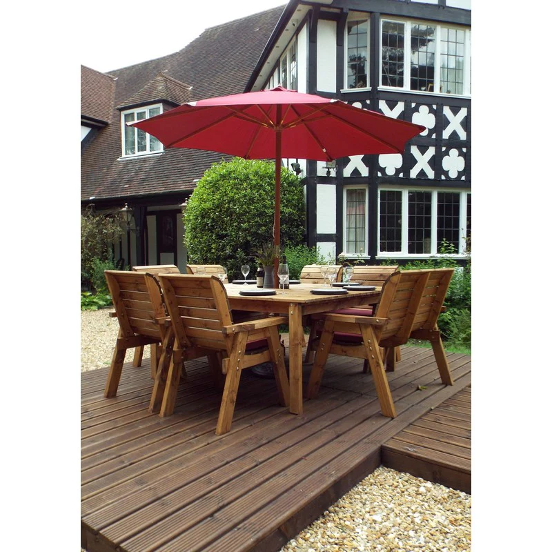 Scandinavian Redwood Garden Patio Dining Set by Charles Taylor - 8 Seats Burgundy Cushions - Image 2