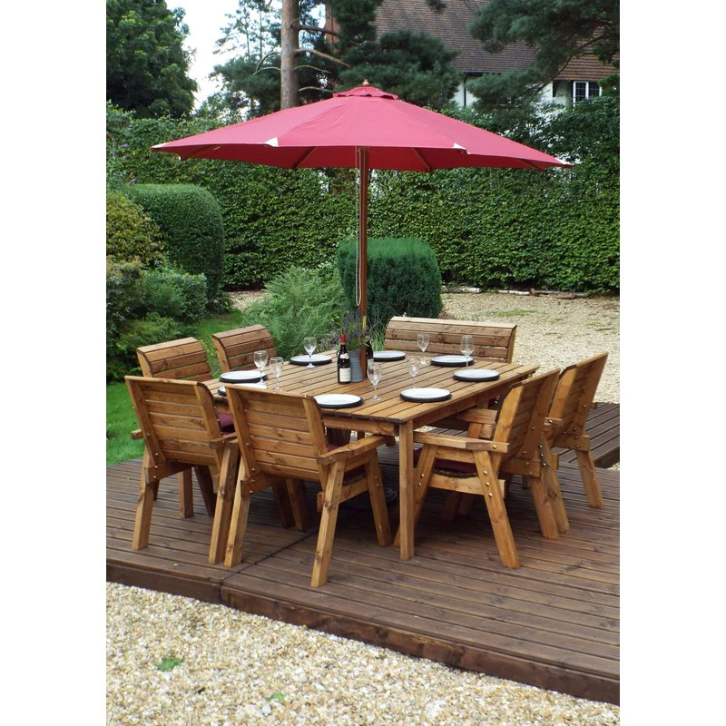 Scandinavian Redwood Garden Patio Dining Set by Charles Taylor - 8 Seats Burgundy Cushions - Image 3
