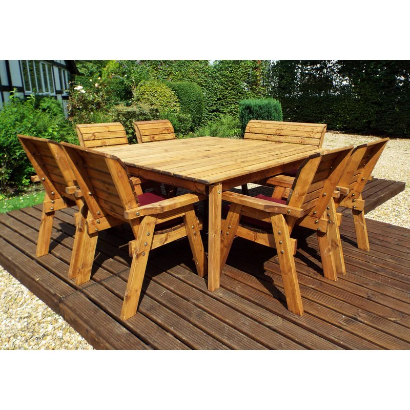 Scandinavian Redwood Garden Patio Dining Set by Charles Taylor - 8 Seats Burgundy Cushions - Image 4