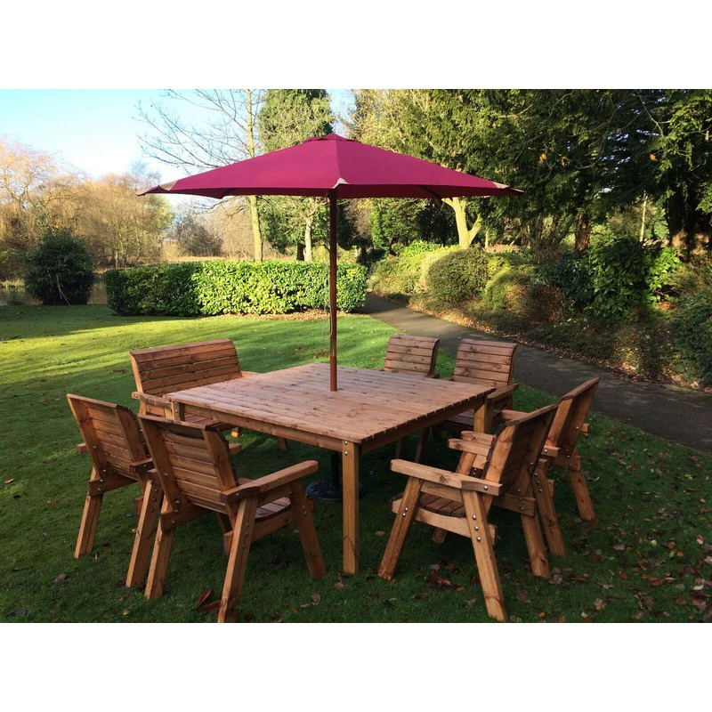 Scandinavian Redwood Garden Patio Dining Set by Charles Taylor - 8 Seats Burgundy Cushions - Image 5
