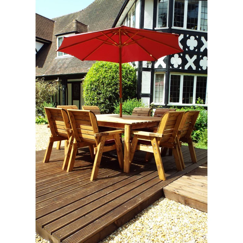 Scandinavian Redwood Garden Patio Dining Set by Charles Taylor - 8 Seats Burgundy Cushions - Image 5