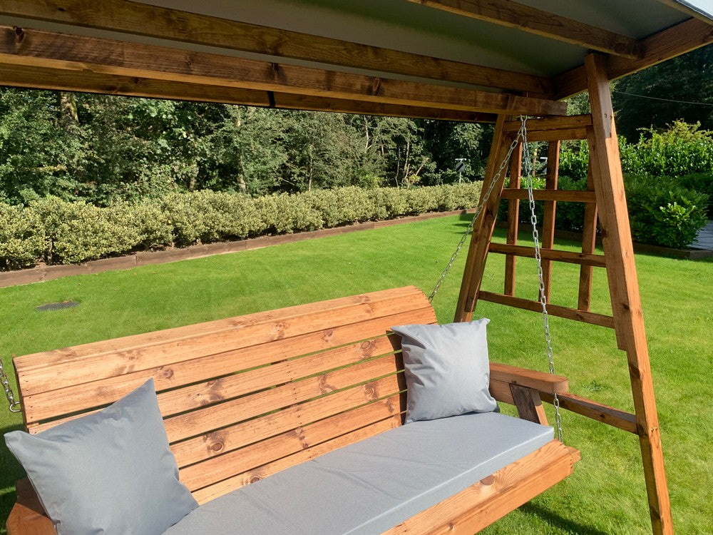 Scandinavian Redwood Garden Swing Seat by Charles Taylor - 3 Seats Grey Cushions - Image 10